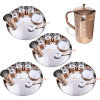 Prisha India Craft B. Set of 4 Dinnerware Traditional Stainless Steel Copper Dinner Set of Thali Plate, Bowls, Glass and Spoon, Dia 13  With 1 Luxury Style Pure Copper Pitcher Jug - Christmas Gift