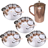 Prisha India Craft B. Set of 4 Dinnerware Traditional Stainless Steel Copper Dinner Set of Thali Plate, Bowls, Glass and Spoon, Dia 13  With 1 Pure Copper Hammered Pitcher Jug - Christmas Gift