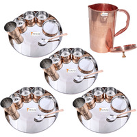 Prisha India Craft B. Set of 4 Dinnerware Traditional Stainless Steel Copper Dinner Set of Thali Plate, Bowls, Glass and Spoon, Dia 13  With 1 Pure Copper Embossed Pitcher Jug - Christmas Gift