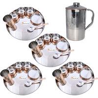 Prisha India Craft B. Set of 4 Dinnerware Traditional Stainless Steel Copper Dinner Set of Thali Plate, Bowls, Glass and Spoon, Dia 13  With 1 Embossed Stainless Steel Copper Pitcher Jug - Christmas Gift