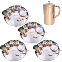 Prisha India Craft B. Set of 4 Dinnerware Traditional Stainless Steel Copper Dinner Set of Thali Plate, Bowls, Glass and Spoon, Dia 13  With 1 Pure Copper Classic Pitcher Jug - Christmas Gift
