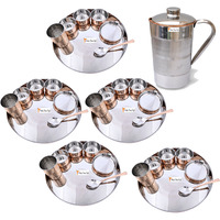 Prisha India Craft B. Set of 5 Dinnerware Traditional Stainless Steel Copper Dinner Set of Thali Plate, Bowls, Glass and Spoon, Dia 13  With 1 Pure Copper Pitcher Jug - Christmas Gift