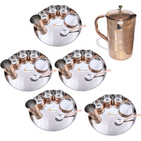Prisha India Craft B. Set of 5 Dinnerware Traditional Stainless Steel Copper Dinner Set of Thali Plate, Bowls, Glass and Spoon, Dia 13  With 1 Luxury Style Pure Copper Pitcher Jug - Christmas Gift