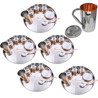 Prisha India Craft B. Set of 5 Dinnerware Traditional Stainless Steel Copper Dinner Set of Thali Plate, Bowls, Glass and Spoon, Dia 13  With 1 Stainless Steel Copper Pitcher Jug - Christmas Gift