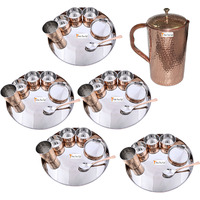 Prisha India Craft B. Set of 5 Dinnerware Traditional Stainless Steel Copper Dinner Set of Thali Plate, Bowls, Glass and Spoon, Dia 13  With 1 Pure Copper Hammered Pitcher Jug - Christmas Gift