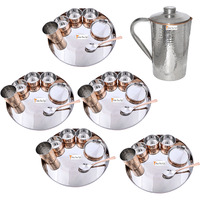 Prisha India Craft B. Set of 5 Dinnerware Traditional Stainless Steel Copper Dinner Set of Thali Plate, Bowls, Glass and Spoon, Dia 13  With 1 Stainless Steel Copper Hammered Pitcher Jug - Christmas Gift