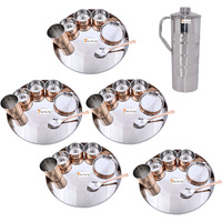 Prisha India Craft B. Set of 5 Dinnerware Traditional Stainless Steel Copper Dinner Set of Thali Plate, Bowls, Glass and Spoon, Dia 13  With 1 Luxury Style Stainless Steel Copper Pitcher Jug - Christmas Gift