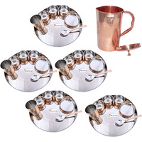Prisha India Craft B. Set of 5 Dinnerware Traditional Stainless Steel Copper Dinner Set of Thali Plate, Bowls, Glass and Spoon, Dia 13  With 1 Pure Copper Embossed Pitcher Jug - Christmas Gift