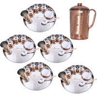 Prisha India Craft B. Set of 5 Dinnerware Traditional Stainless Steel Copper Dinner Set of Thali Plate, Bowls, Glass and Spoon, Dia 13  With 1 Pure Copper Pitcher Jug - Christmas Gift