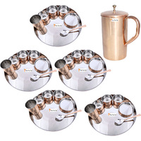 Prisha India Craft B. Set of 5 Dinnerware Traditional Stainless Steel Copper Dinner Set of Thali Plate, Bowls, Glass and Spoon, Dia 13  With 1 Pure Copper Classic Pitcher Jug - Christmas Gift