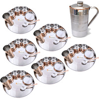 Prisha India Craft B. Set of 6 Dinnerware Traditional Stainless Steel Copper Dinner Set of Thali Plate, Bowls, Glass and Spoon, Dia 13  With 1 Pure Copper Pitcher Jug - Christmas Gift