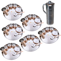 Prisha India Craft B. Set of 6 Dinnerware Traditional Stainless Steel Copper Dinner Set of Thali Plate, Bowls, Glass and Spoon, Dia 13  With 1 Luxury Style Stainless Steel Copper Pitcher Jug - Christmas Gift