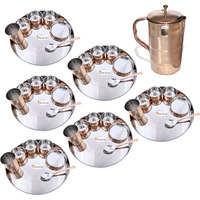 Prisha India Craft B. Set of 6 Dinnerware Traditional Stainless Steel Copper Dinner Set of Thali Plate, Bowls, Glass and Spoon, Dia 13  With 1 Luxury Style Pure Copper Pitcher Jug - Christmas Gift