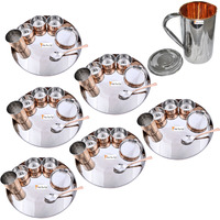Prisha India Craft B. Set of 6 Dinnerware Traditional Stainless Steel Copper Dinner Set of Thali Plate, Bowls, Glass and Spoon, Dia 13  With 1 Stainless Steel Copper Pitcher Jug - Christmas Gift