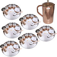 Prisha India Craft B. Set of 6 Dinnerware Traditional Stainless Steel Copper Dinner Set of Thali Plate, Bowls, Glass and Spoon, Dia 13  With 1 Pure Copper Hammered Pitcher Jug - Christmas Gift