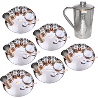 Prisha India Craft B. Set of 6 Dinnerware Traditional Stainless Steel Copper Dinner Set of Thali Plate, Bowls, Glass and Spoon, Dia 13  With 1 Stainless Steel Copper Hammered Pitcher Jug - Christmas Gift