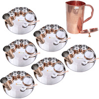 Prisha India Craft B. Set of 6 Dinnerware Traditional Stainless Steel Copper Dinner Set of Thali Plate, Bowls, Glass and Spoon, Dia 13  With 1 Pure Copper Embossed Pitcher Jug - Christmas Gift