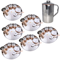 Prisha India Craft B. Set of 6 Dinnerware Traditional Stainless Steel Copper Dinner Set of Thali Plate, Bowls, Glass and Spoon, Dia 13  With 1 Embossed Stainless Steel Copper Pitcher Jug - Christmas Gift