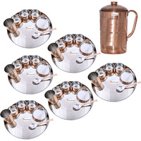 Prisha India Craft B. Set of 6 Dinnerware Traditional Stainless Steel Copper Dinner Set of Thali Plate, Bowls, Glass and Spoon, Dia 13  With 1 Pure Copper Pitcher Jug - Christmas Gift