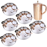 Prisha India Craft B. Set of 6 Dinnerware Traditional Stainless Steel Copper Dinner Set of Thali Plate, Bowls, Glass and Spoon, Dia 13  With 1 Pure Copper Classic Pitcher Jug - Christmas Gift