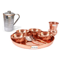 Prisha India Craft B. Dinnerware Traditional 100% Pure Copper Dinner Set of Thali Plate, Bowls, Glass and Spoon, Dia 12  With 1 Pure Copper Pitcher Jug - Christmas Gift
