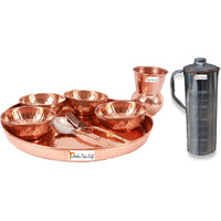 Prisha India Craft B. Dinnerware Traditional 100% Pure Copper Dinner Set of Thali Plate, Bowls, Glass and Spoon, Dia 12  With 1 Luxury Style Stainless Steel Copper Pitcher Jug - Christmas Gift