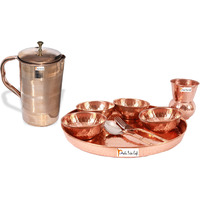 Prisha India Craft B. Dinnerware Traditional 100% Pure Copper Dinner Set of Thali Plate, Bowls, Glass and Spoon, Dia 12  With 1 Luxury Style Pure Copper Pitcher Jug - Christmas Gift