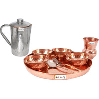 Prisha India Craft B. Dinnerware Traditional 100% Pure Copper Dinner Set of Thali Plate, Bowls, Glass and Spoon, Dia 12  With 1 Stainless Steel Copper Hammered Pitcher Jug - Christmas Gift