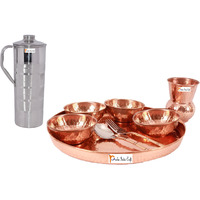 Prisha India Craft B. Dinnerware Traditional 100% Pure Copper Dinner Set of Thali Plate, Bowls, Glass and Spoon, Dia 12  With 1 Luxury Style Stainless Steel Copper Pitcher Jug - Christmas Gift