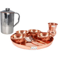 Prisha India Craft B. Dinnerware Traditional 100% Pure Copper Dinner Set of Thali Plate, Bowls, Glass and Spoon, Dia 12  With 1 Embossed Stainless Steel Copper Pitcher Jug - Christmas Gift