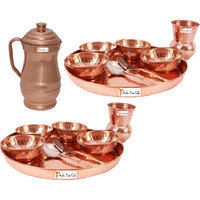 Prisha India Craft B. Set of 2 Dinnerware Traditional 100% Pure Copper Dinner Set of Thali Plate, Bowls, Glass and Spoon, Dia 12  With 1 Pure Copper Maharaja Pitcher Jug - Christmas Gift