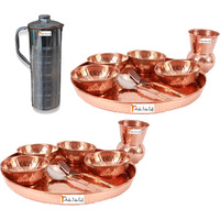 Prisha India Craft B. Set of 2 Dinnerware Traditional 100% Pure Copper Dinner Set of Thali Plate, Bowls, Glass and Spoon, Dia 12  With 1 Luxury Style Stainless Steel Copper Pitcher Jug - Christmas Gift