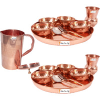 Prisha India Craft B. Set of 2 Dinnerware Traditional 100% Pure Copper Dinner Set of Thali Plate, Bowls, Glass and Spoon, Dia 12  With 1 Pure Copper Embossed Pitcher Jug - Christmas Gift