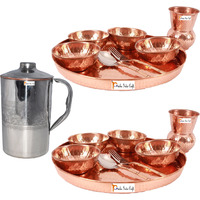 Prisha India Craft B. Set of 2 Dinnerware Traditional 100% Pure Copper Dinner Set of Thali Plate, Bowls, Glass and Spoon, Dia 12  With 1 Embossed Stainless Steel Copper Pitcher Jug - Christmas Gift