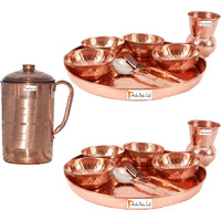 Prisha India Craft B. Set of 2 Dinnerware Traditional 100% Pure Copper Dinner Set of Thali Plate, Bowls, Glass and Spoon, Dia 12  With 1 Pure Copper Pitcher Jug - Christmas Gift