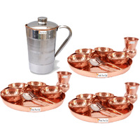 Prisha India Craft B. Set of 3 Dinnerware Traditional 100% Pure Copper Dinner Set of Thali Plate, Bowls, Glass and Spoon, Dia 12  With 1 Pure Copper Pitcher Jug - Christmas Gift