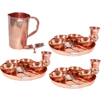 Prisha India Craft B. Set of 3 Dinnerware Traditional 100% Pure Copper Dinner Set of Thali Plate, Bowls, Glass and Spoon, Dia 12  With 1 Pure Copper Embossed Pitcher Jug - Christmas Gift