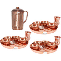 Prisha India Craft B. Set of 3 Dinnerware Traditional 100% Pure Copper Dinner Set of Thali Plate, Bowls, Glass and Spoon, Dia 12  With 1 Pure Copper Pitcher Jug - Christmas Gift