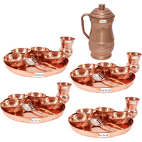 Prisha India Craft B. Set of 4 Dinnerware Traditional 100% Pure Copper Dinner Set of Thali Plate, Bowls, Glass and Spoon, Dia 12  With 1 Pure Copper Maharaja Pitcher Jug - Christmas Gift