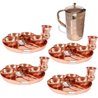 Prisha India Craft B. Set of 4 Dinnerware Traditional 100% Pure Copper Dinner Set of Thali Plate, Bowls, Glass and Spoon, Dia 12  With 1 Luxury Style Pure Copper Pitcher Jug - Christmas Gift