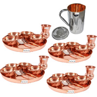 Prisha India Craft B. Set of 4 Dinnerware Traditional 100% Pure Copper Dinner Set of Thali Plate, Bowls, Glass and Spoon, Dia 12  With 1 Stainless Steel Copper Pitcher Jug - Christmas Gift
