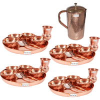 Prisha India Craft B. Set of 4 Dinnerware Traditional 100% Pure Copper Dinner Set of Thali Plate, Bowls, Glass and Spoon, Dia 12  With 1 Pure Copper Hammered Pitcher Jug - Christmas Gift