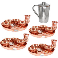 Prisha India Craft B. Set of 4 Dinnerware Traditional 100% Pure Copper Dinner Set of Thali Plate, Bowls, Glass and Spoon, Dia 12  With 1 Stainless Steel Copper Hammered Pitcher Jug - Christmas Gift
