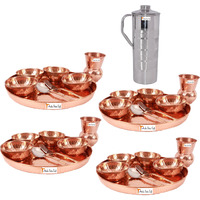 Prisha India Craft B. Set of 4 Dinnerware Traditional 100% Pure Copper Dinner Set of Thali Plate, Bowls, Glass and Spoon, Dia 12  With 1 Luxury Style Stainless Steel Copper Pitcher Jug - Christmas Gift