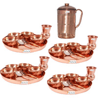 Prisha India Craft B. Set of 4 Dinnerware Traditional 100% Pure Copper Dinner Set of Thali Plate, Bowls, Glass and Spoon, Dia 12  With 1 Pure Copper Pitcher Jug - Christmas Gift