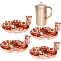Prisha India Craft B. Set of 4 Dinnerware Traditional 100% Pure Copper Dinner Set of Thali Plate, Bowls, Glass and Spoon, Dia 12  With 1 Pure Copper Classic Pitcher Jug - Christmas Gift
