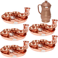 Prisha India Craft B. Set of 5 Dinnerware Traditional 100% Pure Copper Dinner Set of Thali Plate, Bowls, Glass and Spoon, Dia 12  With 1 Pure Copper Maharaja Pitcher Jug - Christmas Gift