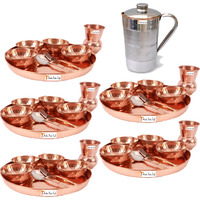 Prisha India Craft B. Set of 5 Dinnerware Traditional 100% Pure Copper Dinner Set of Thali Plate, Bowls, Glass and Spoon, Dia 12  With 1 Pure Copper Pitcher Jug - Christmas Gift