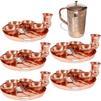 Prisha India Craft B. Set of 5 Dinnerware Traditional 100% Pure Copper Dinner Set of Thali Plate, Bowls, Glass and Spoon, Dia 12  With 1 Luxury Style Pure Copper Pitcher Jug - Christmas Gift