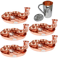 Prisha India Craft B. Set of 5 Dinnerware Traditional 100% Pure Copper Dinner Set of Thali Plate, Bowls, Glass and Spoon, Dia 12  With 1 Stainless Steel Copper Pitcher Jug - Christmas Gift